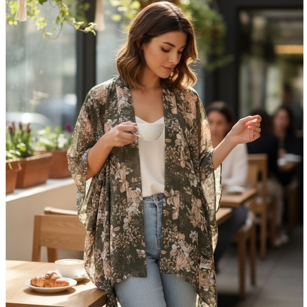 143 Story by Line Up Olive Green Floral Sheer Kimono Cardigan One Size #252P